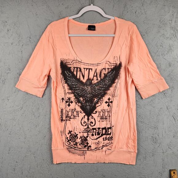 Daytrip Tops - Vintage Daytrip Shirt Womens XL Studded Graphic Embellished Top Goth Biker Y2K